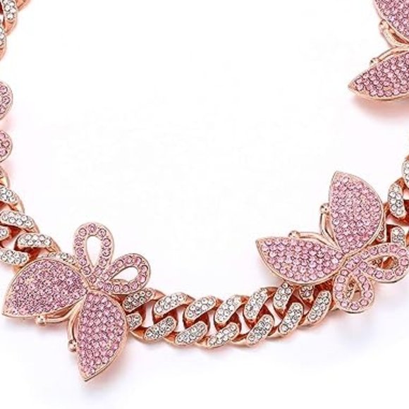Rose Gold Pink Pave Butterflies 18" Iced Miami Cuban Link Necklace Bling New - Picture 2 of 8